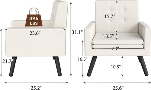 Accent Chair for Living Room, Mid-Century Modern Comfy Upholstered Armchair with Large Seat, Single Sofa Reading Chair, 496 Lb. Weight Capacity, for Bedroom, Apartment, Cream