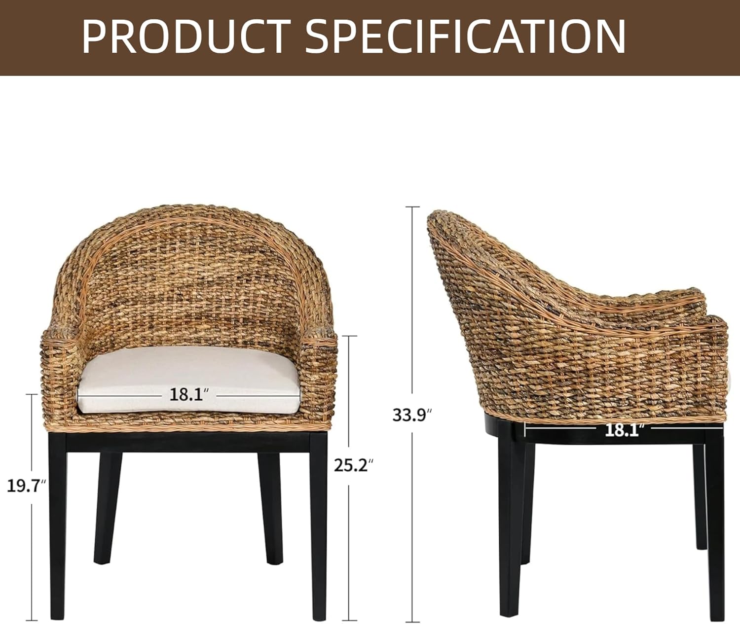 DUHOME Rattan Accent Chair - Modern Armchair with Natural Rattan Armrest, Black Solid Wood Legs & Inset Beige Cushion, Leisure Chair for Balcony Living Room