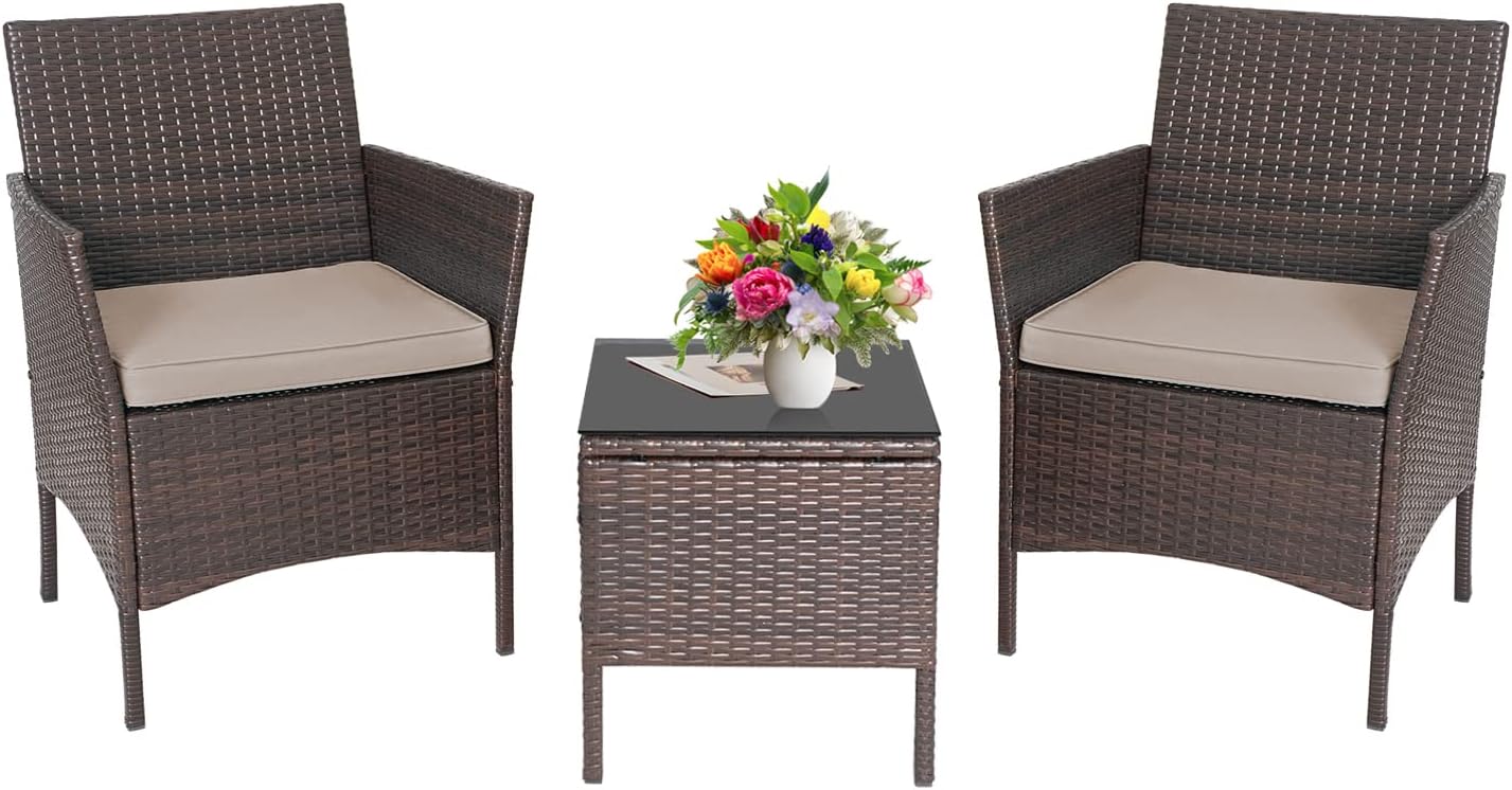 3-Piece Outdoor Wicker Conversation Bistro Set Outdoor Patio Porch Furniture Sets for Yard, Garden with 2 PE Rattan Wicker Chairs, 2 Cushions,1 Coffee Table