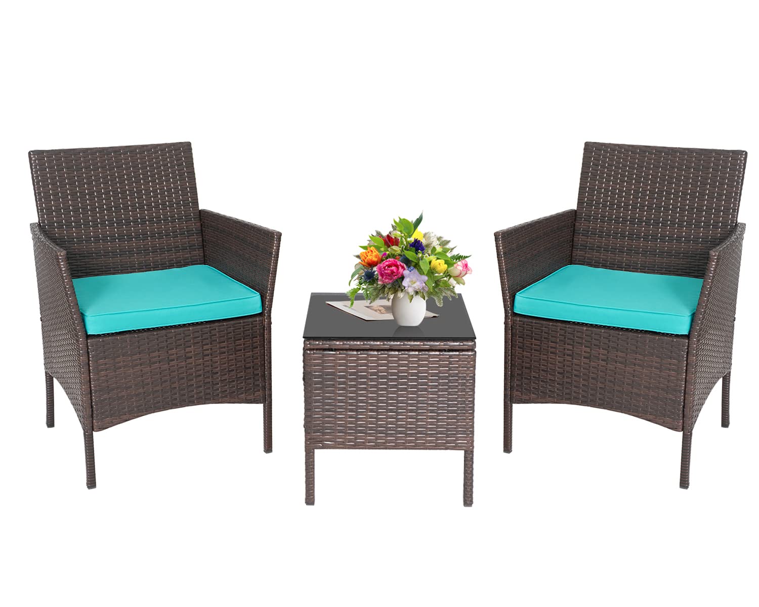 3-Piece Outdoor Wicker Conversation Bistro Set Outdoor Patio Porch Furniture Sets for Yard, Garden with 2 PE Rattan Wicker Chairs, 2 Cushions,1 Coffee Table