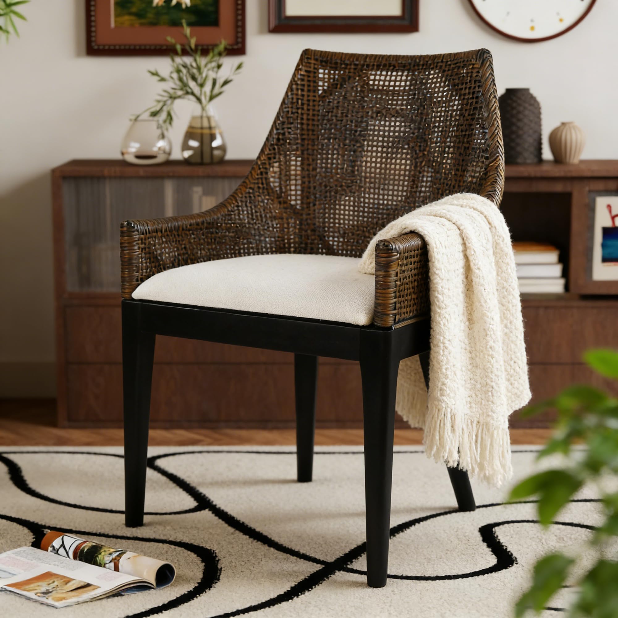 DUHOME Rattan Accent Chair - Modern Armchair with Natural Rattan Armrest, Black Solid Wood Legs & Inset Beige Cushion, Leisure Chair for Balcony Living Room