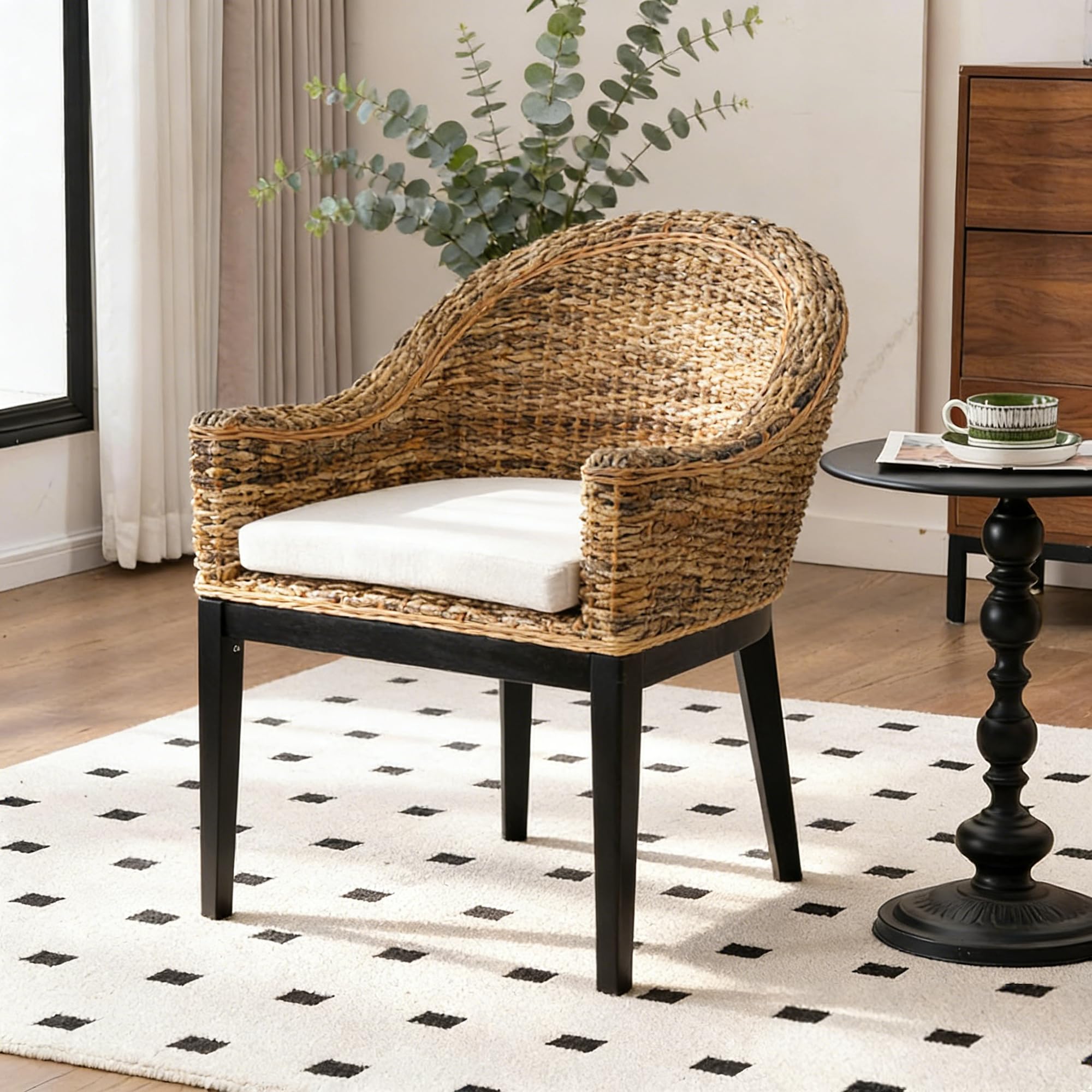 DUHOME Rattan Accent Chair - Modern Armchair with Natural Rattan Armrest, Black Solid Wood Legs & Inset Beige Cushion, Leisure Chair for Balcony Living Room