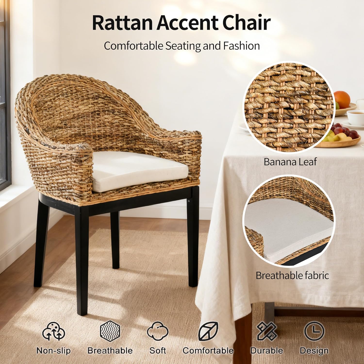 DUHOME Rattan Accent Chair - Modern Armchair with Natural Rattan Armrest, Black Solid Wood Legs & Inset Beige Cushion, Leisure Chair for Balcony Living Room
