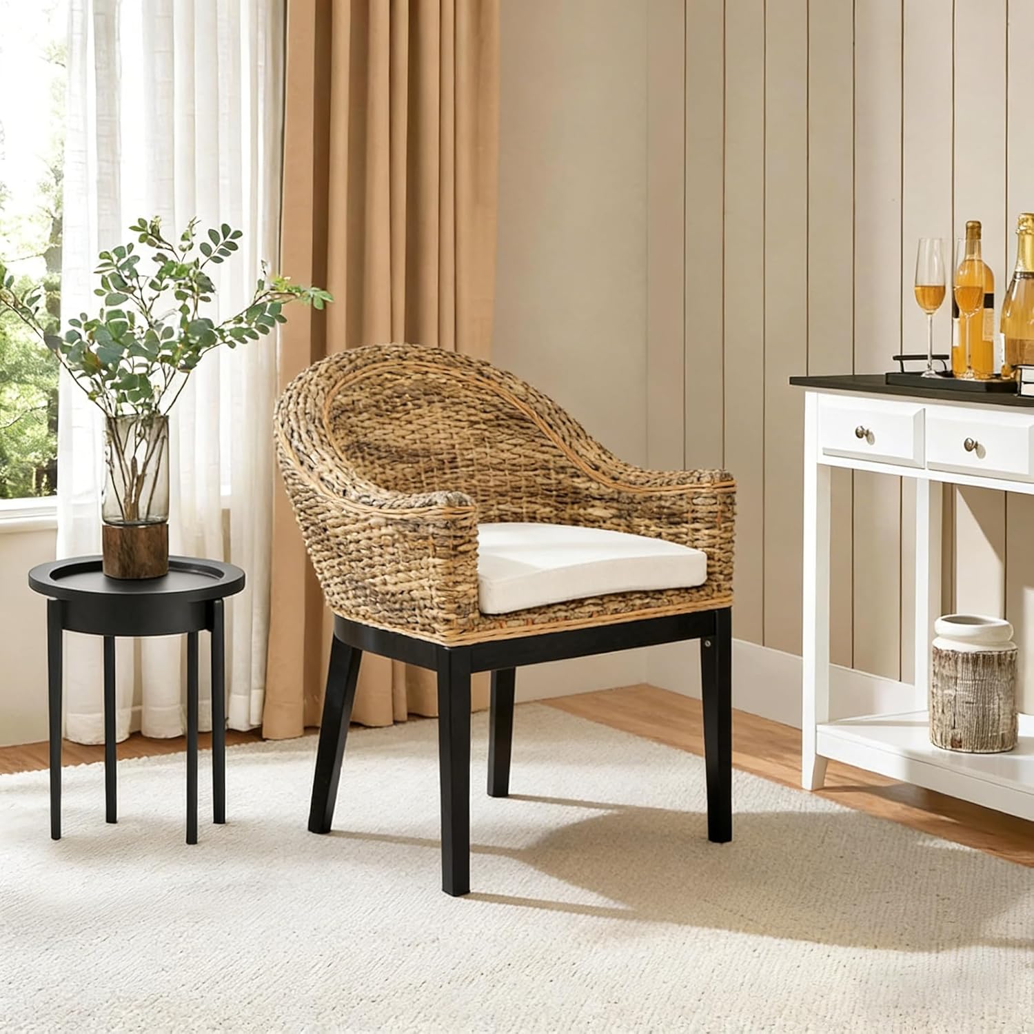 DUHOME Rattan Accent Chair - Modern Armchair with Natural Rattan Armrest, Black Solid Wood Legs & Inset Beige Cushion, Leisure Chair for Balcony Living Room