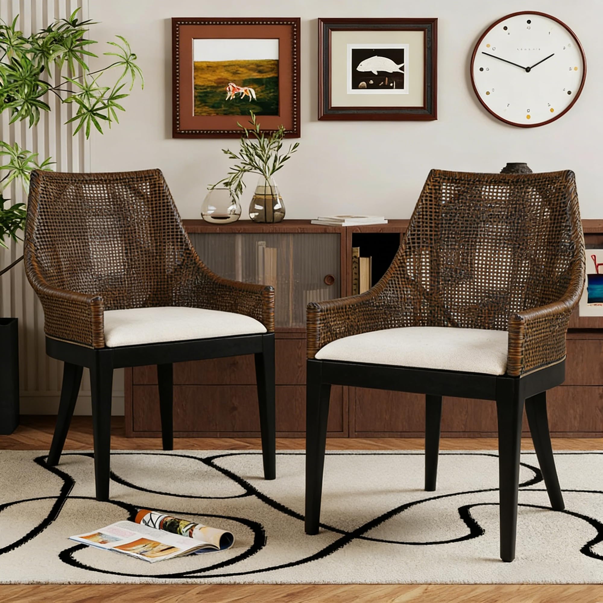 DUHOME Rattan Accent Chair - Modern Armchair with Natural Rattan Armrest, Black Solid Wood Legs & Inset Beige Cushion, Leisure Chair for Balcony Living Room