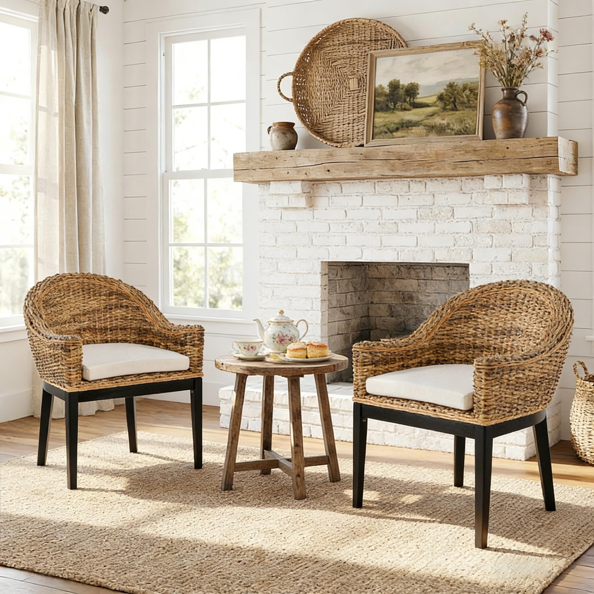 DUHOME Rattan Accent Chair - Modern Armchair with Natural Rattan Armrest, Black Solid Wood Legs & Inset Beige Cushion, Leisure Chair for Balcony Living Room